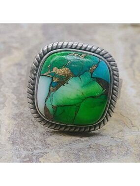 Handmade Sterling Silver Peacock Turquoise Ring Adjustable Size Square